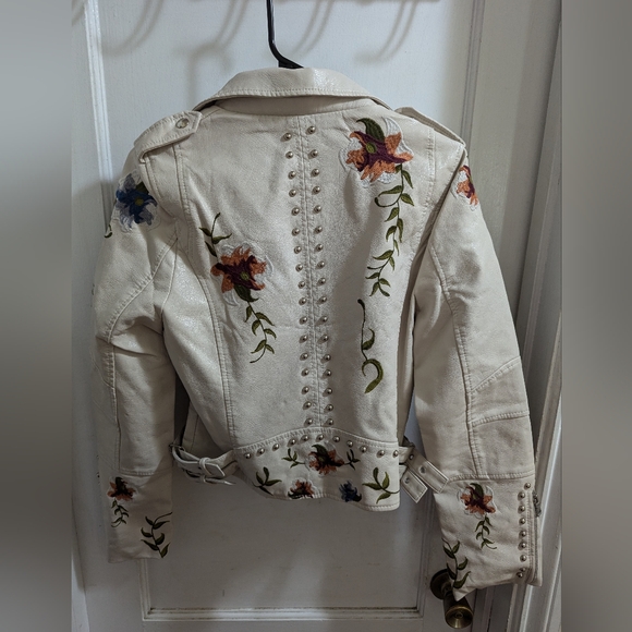 Embroidery Floral PU Leather Jacket Punk Zipper Rock Rivet Jacket Size XXL - Picture 2 of 7